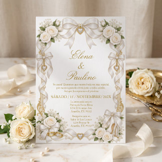 Weiße Goldene Hochzeitsflorale Rosen-Schleife Einladung