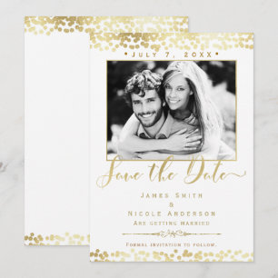 Weiße & Goldene Konfetti-Foto-Hochzeit - Termin vo Einladung