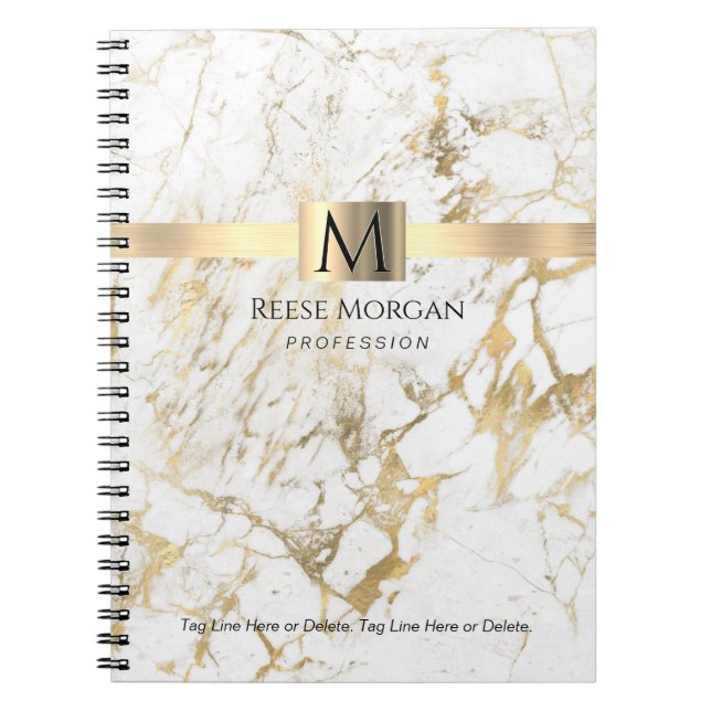 Weiße/goldene Marmor, Name & Monogramm, Beruf Notizblock (Vorderseite)
