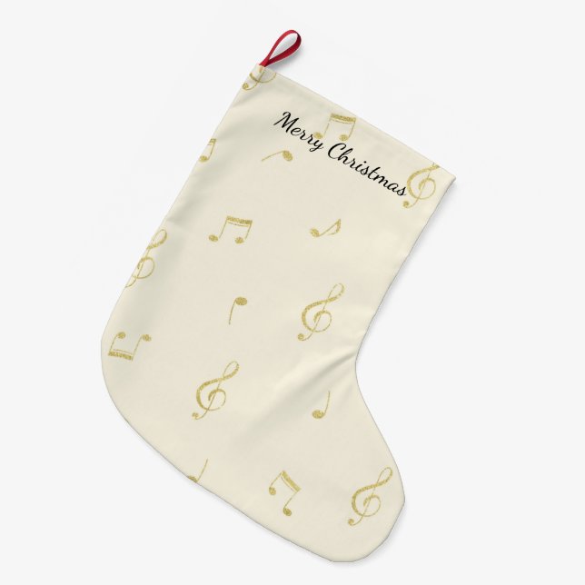 Weiße Goldene Musiknoten Weihnachten Großer Weihnachtsstrumpf (Vorderansicht (hängend))