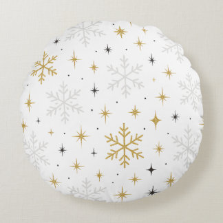Weiße & Goldene Schneeflocken-Sparkling-Wurfkissen Rundes Kissen