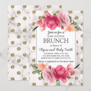 Weiße Goldmarmor-Rosa-Floral-Baby-Shower-Brunch Einladung