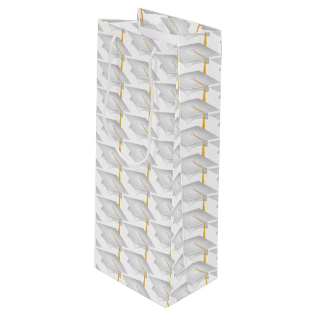 weiße Graduierungskappen mit Goldfass Geschenktüte Für Weinflaschen (Vorderseite Schrägansicht)