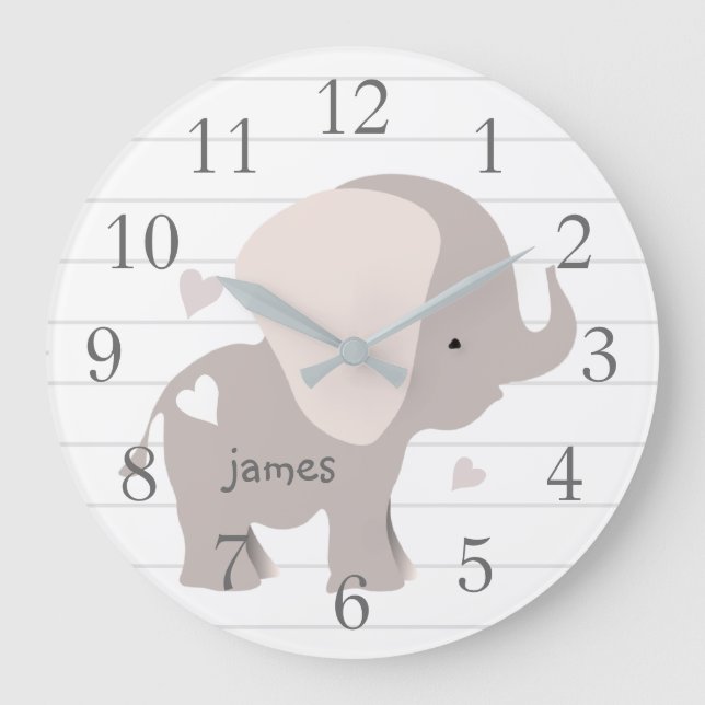 Weiße Graue Elefantenmauer-Uhr des Kinderzimmers Große Wanduhr (Vorderseite)