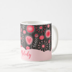 Weiße graue Herzen und Blume Blumenname Kaffeetasse
