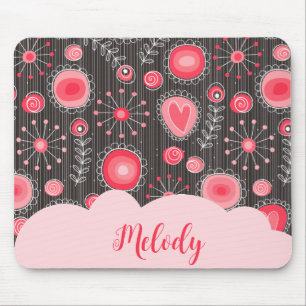 Weiße graue Herzen und Blume Blumenname Mousepad