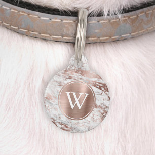 Weiße graue Marmor-Faux-Roségold-Folie-Monogramm Haustiermarke