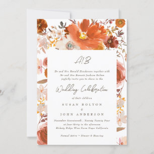 Weiße graue Terracotta Monogram Floral Border Einladung