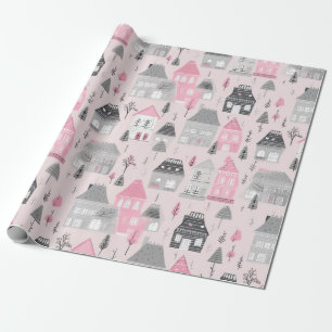 Weiße Graue Weihnachtshäuser auf Rosa Geschenkpapier