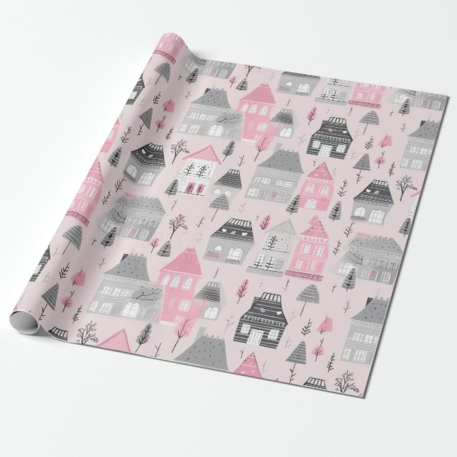 Weiße Graue Weihnachtshäuser auf Rosa Geschenkpapier (Ungerollt)