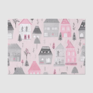 Weiße graue Weihnachtshäuser auf Rosa Seidenpapier