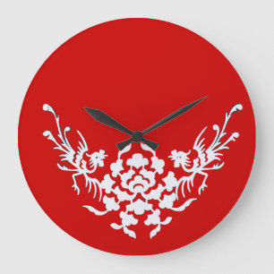 WEISSE GRIFFINEN UND BLUME IN ROT GROßE WANDUHR