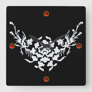 WEISSE GRIFFINEN UND BLUME, Red Ruby Gem Stone Quadratische Wanduhr