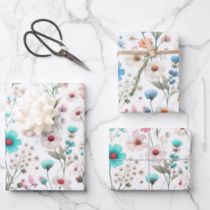 Weiße, grüne, blaue Wildblumen Geschenkpapier Set