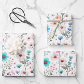 Weiße, grüne, blaue Wildblumen Geschenkpapier Set