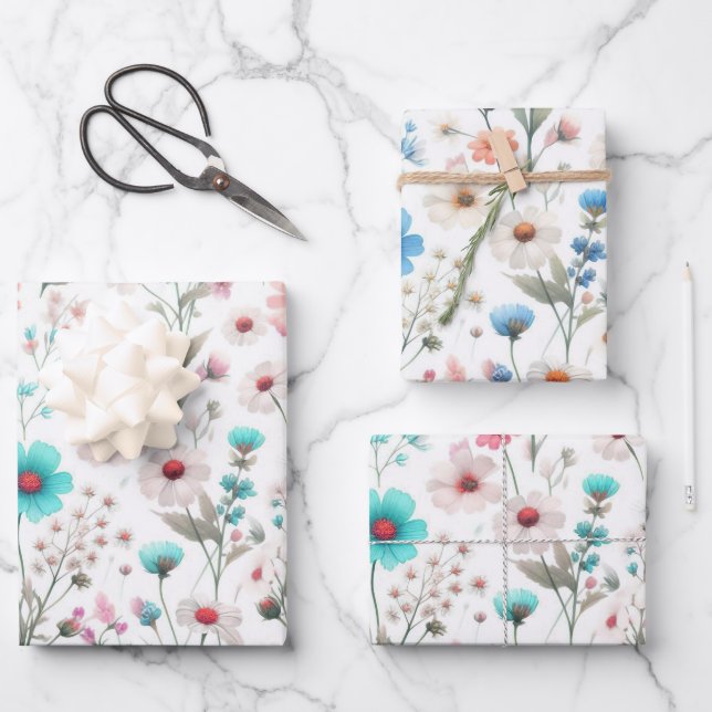Weiße, grüne, blaue Wildblumen Geschenkpapier Set (Vorderseite)