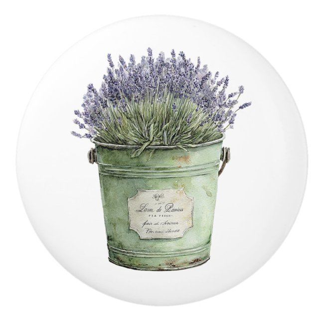 Weiße Grüne Eimer Lavendel Blumen Keramikknauf (Vorderseite)