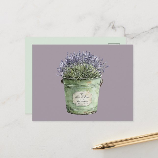 Weiße Grüne Eimer Lavendel Blumen Postkarte (Vorderseite/Rückseite Beispiel)