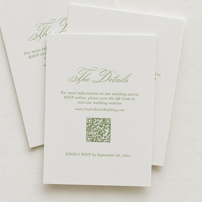Weiße & Grüne Hochzeitsdetails RSVP Qr Code Begleitkarte (Von Creator hochgeladen)
