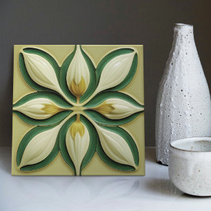 Weiße grüne Tulpen symmetrische Art Deco Keramikfl Fliese