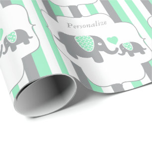 Weiße, grüne u. graue Streifen-Elefant-Babyparty Geschenkpapier
