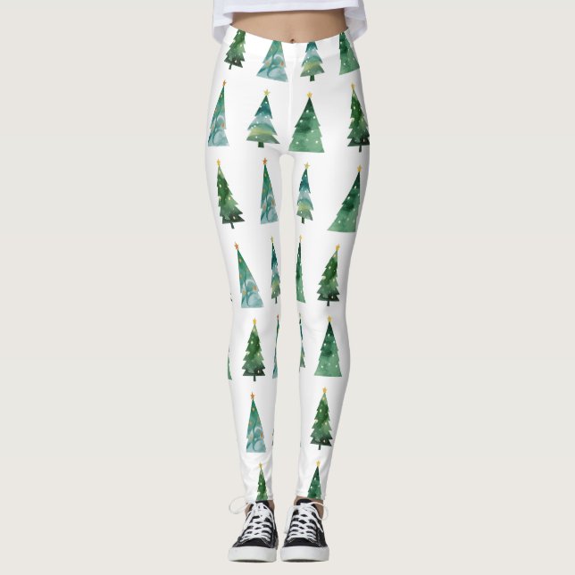 Weiße grüne Wasserfarbe Winterbaum Weihnachten Leggings (Vorderseite)