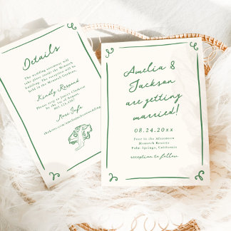 Weiße Hand gezeichnet Grün + Details Hochzeit Einladung