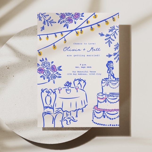 Weiße, handgezogene Lanterns Wedding Blue Einladung (Whimsical Hand Drawn Lanterns Wedding Blue Invitation)