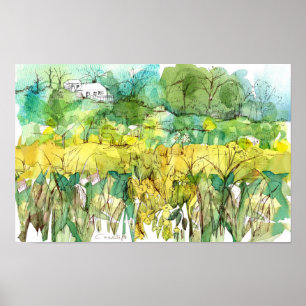 Weiße Haus-Land-Schlüsselblumen-Wildblumen Frühlin Poster