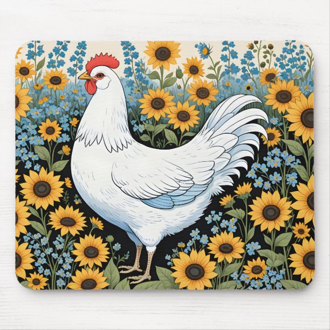Weiße Henne und Sonnenblumen Mousepad (Vorne)
