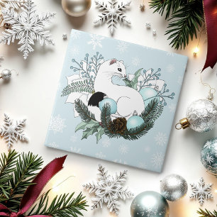 Weiße Hermelin Blaue Weihnachts-Schneeflocken Fliese