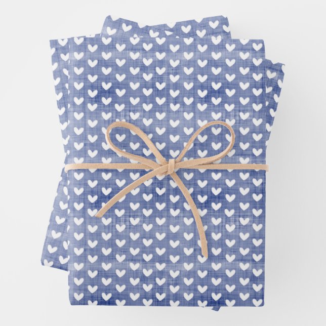 Weiße Herzen auf dunkelblauen Linen Geschenkpapier Set (Beispiel)