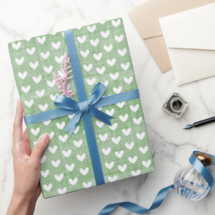 Weiße Herzen auf Gras Grüne Linen Geschenkpapier