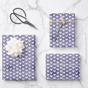 Weiße Herzen auf navyblauem Leinen Geschenkpapier Set