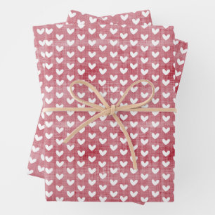 Weiße Herzen auf roten Linen Geschenkpapier Set
