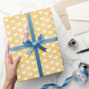 Weiße Herzen auf Senfgelbem Leinen Geschenkpapier