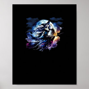 Weiße Hexe über Vollmond fliegen Frauen Kinder Poster