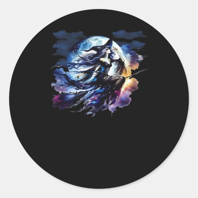Weiße Hexe über Vollmond fliegen Frauen Kinder Runder Aufkleber (Vorderseite)