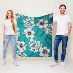 Weiße Hibiskus-Blumenmuster auf Aqua Türkis Fleecedecke