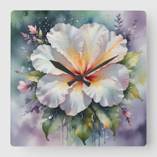 weiße Hibiskus-Traum-Uhr Quadratische Wanduhr