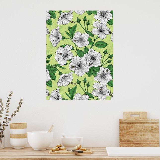 Weiße Hibiskus-Tropenblumenmuster Poster (Küche)