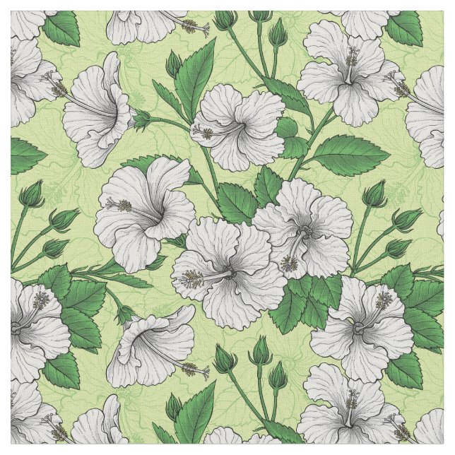 Weiße Hibiskus-Tropenblumenmuster Stoff (Nahaufnahme)