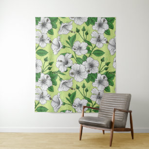 Weiße Hibiskus-Tropenblumenmuster Wandteppich