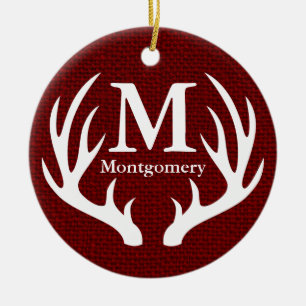 Weiße Hirschantler Rote Imitate Burlap Familiennam Keramikornament