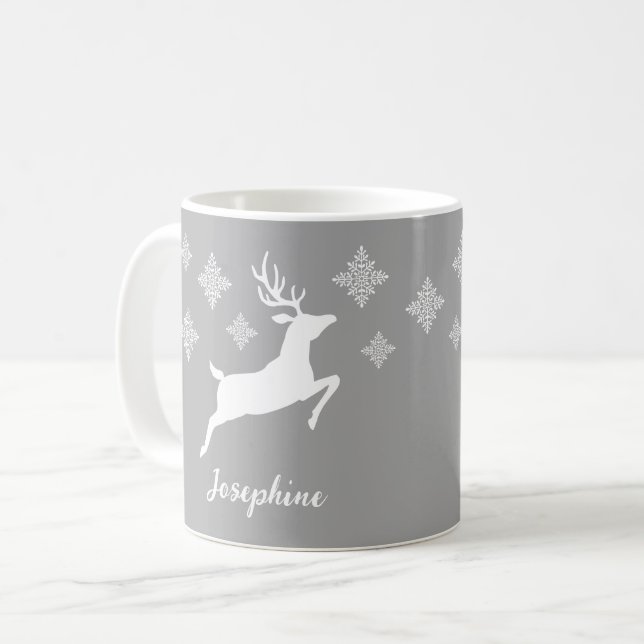 Weiße Hirschformen auf Grau mit Schneeflocken und  Kaffeetasse (Vorderseite Links)