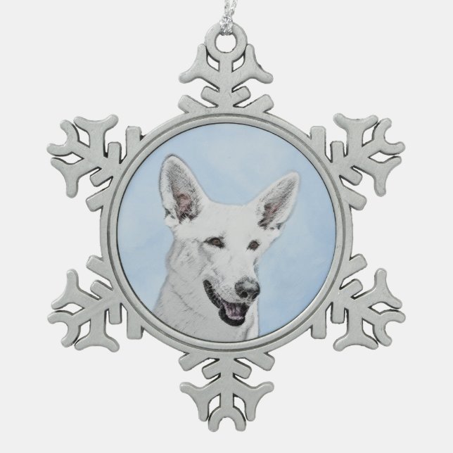 Weiße Hirtenmalerei - Niedliche Original Hundekuns Schneeflocken Zinn-Ornament (Vorderseite)