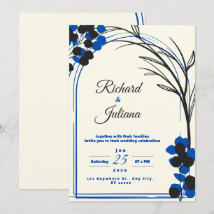 weiße Hochzeitseinladung mit blauen Blumen Einladung
