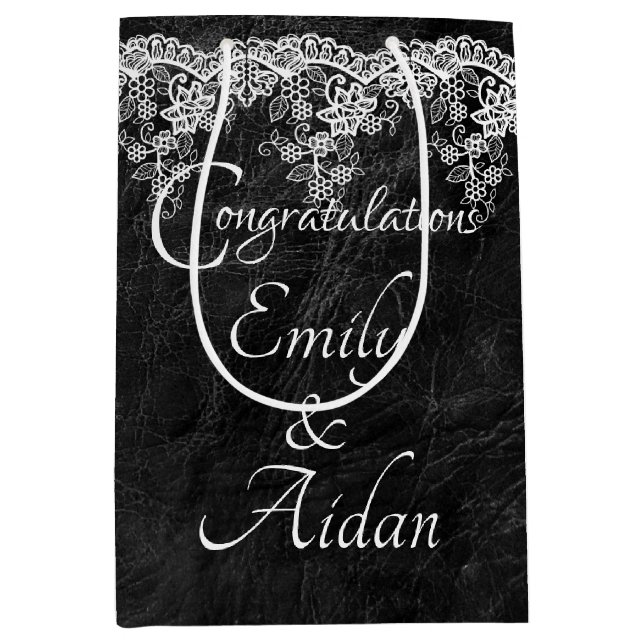 Weiße Hochzeitsstrecke auf Leder Mittlere Geschenktüte (Vorderseite)