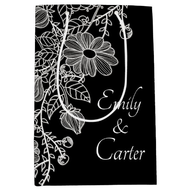 Weiße Hochzeitsstrecke auf schwarz Mittlere Geschenktüte (Vorderseite)