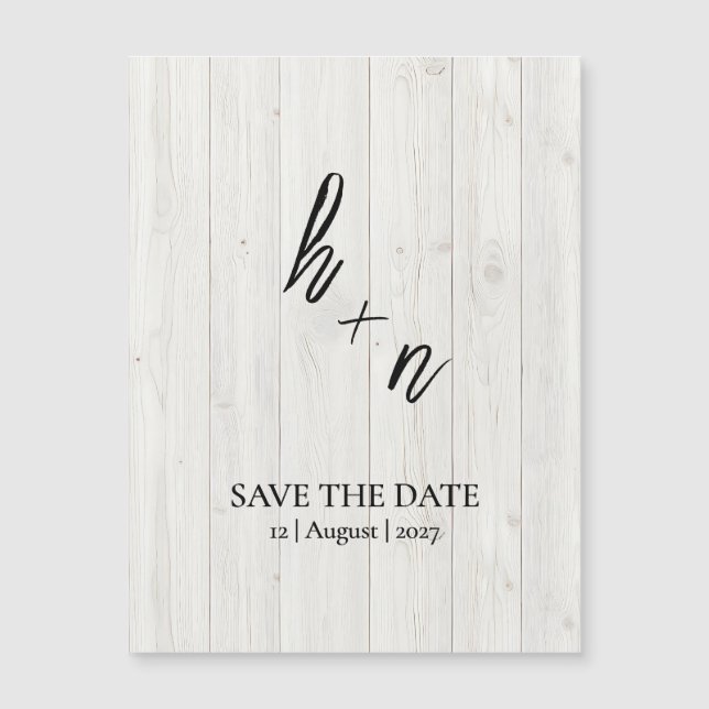 Weiße Holz-Hochzeitseinladung Minimalistische Init Magnetkarte (Vorderseite)